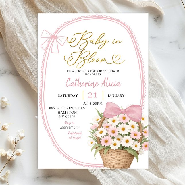 Invitación Dulce Bebé Flor de Bow Rosa de Primavera en Flor B (Subido por el creador)