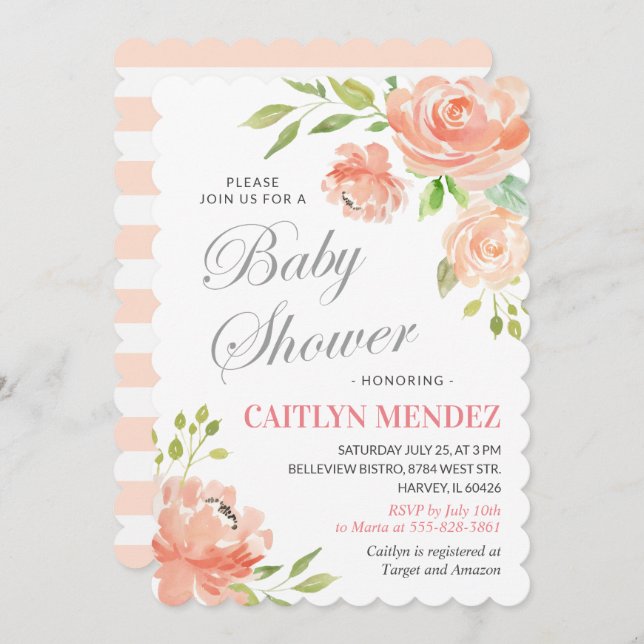 Invitación Dulce Bebé Floral Peonía Moderno Chica Chico (Anverso / Reverso)