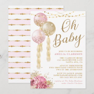Invitación Dulce Bebé Globos Dorados y Rosados Baby Shower