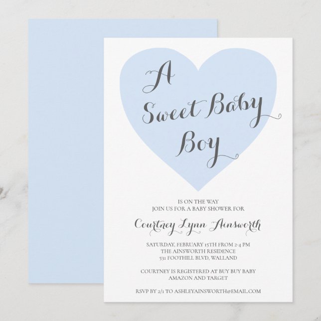 Invitación Dulce bebé lindo Pastel Blue Heart Baby Shower (Anverso / Reverso)