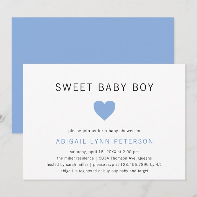 Invitación Dulce bebé lindo Pastel Blue Heart Baby Shower (Anverso / Reverso)