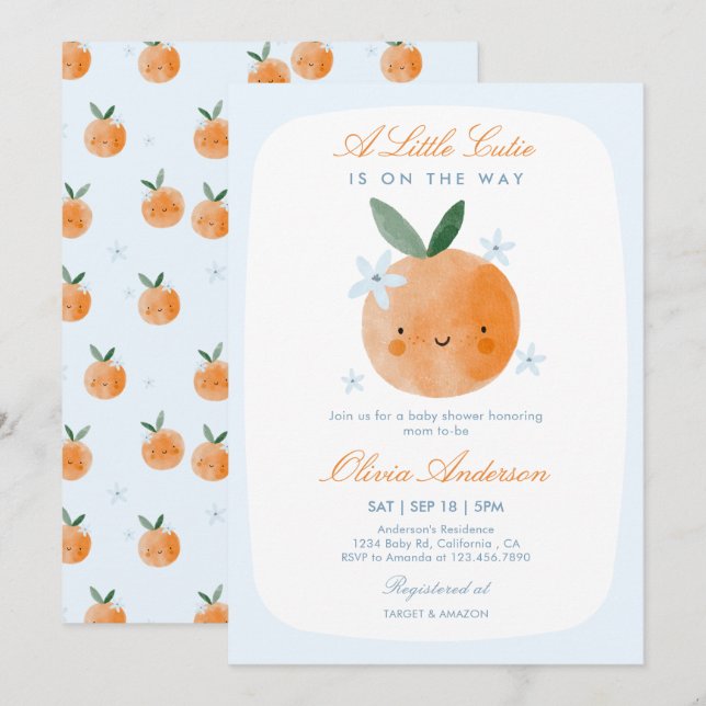 Invitación Dulce Bebé, Naranja Agridulce Ducha de Bebé Niño (Anverso / Reverso)