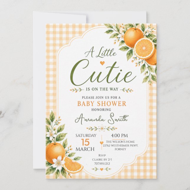 Invitación Dulce Bebé Naranja Fiesta de Bienvenida (Anverso)