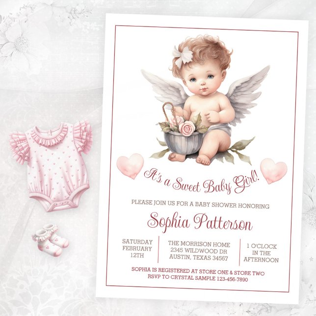 Invitación Dulce bebe nena cumpleaños baby shower de San Vale (Sweet angel baby shower invitation. Instant download and printed invitations available.)