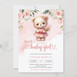 Invitación Dulce bebé niña acuarela osito de peluche ruboriza