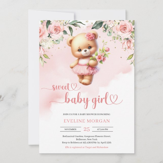 Invitación Dulce bebé niña acuarela osito de peluche ruboriza (Anverso)
