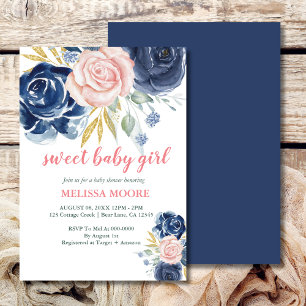 Invitación Dulce bebé niña de color azul marino floral ducha 