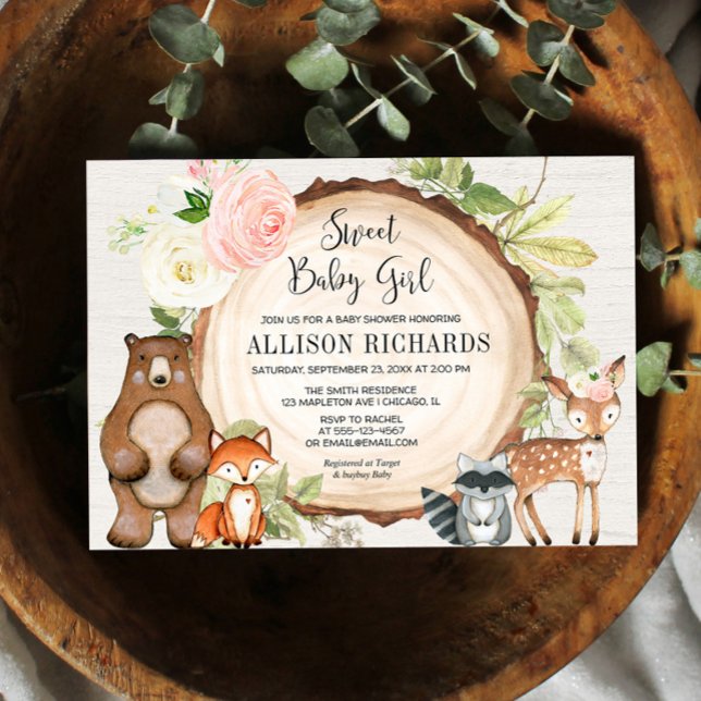 Invitación Dulce bebé niña floral rústica leña ducha bebé (Subido por el creador)