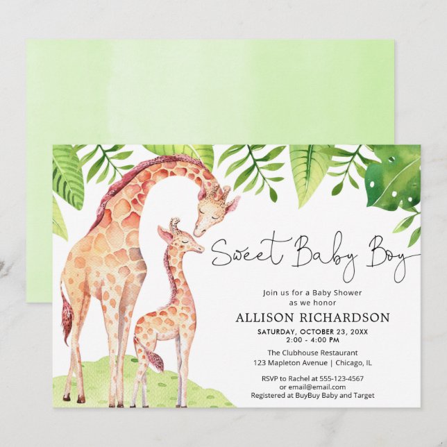 Invitación Dulce bebé niño jirafa verde safari ducha bebé (Anverso / Reverso)