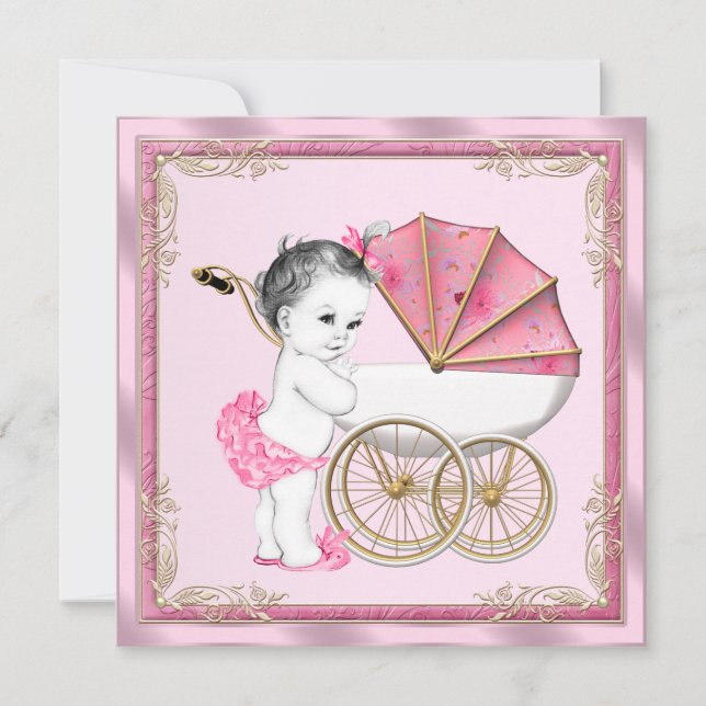 Invitación Dulce bebé Pram Pink and Gold Baby Shower (Anverso)