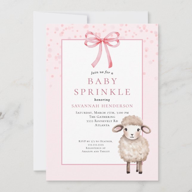 Invitación Dulce Bebé Rosa con Lazo y Corderito Adorable  (Anverso)