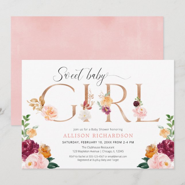 Invitación Dulce bebé rosa de oro burdeos ducha ruidosa (Anverso / Reverso)