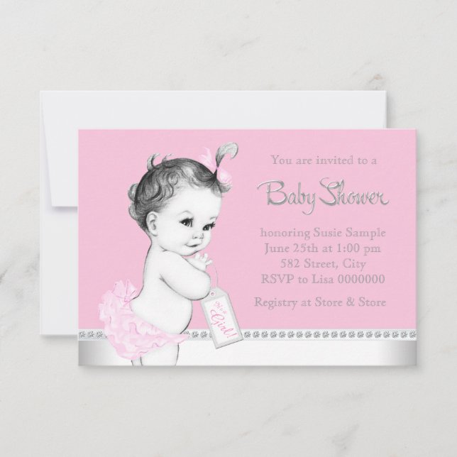 Invitación Dulce bebé rosa y gris Baby Shower (Anverso)