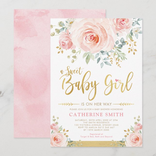 Invitación Dulce bebé Rubor Rosa Gold Floral Baby Shower (Anverso / Reverso)