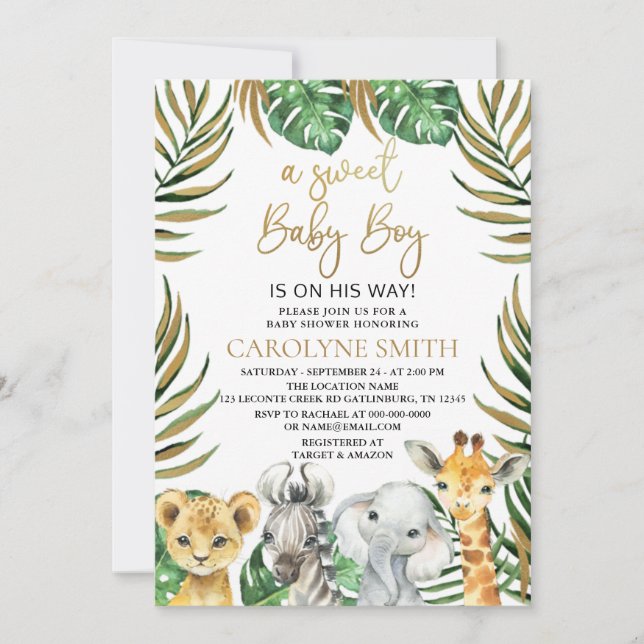 Invitación Dulce bebé Safari Jungle Animales Baby Shower (Anverso)