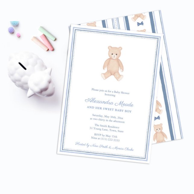 Invitación Dulce bebé Teddy Bear Fiesta Baby Shower (Nostalgic Baby Shower invitations for boy featuring a hand painted watercolor teddy bear)
