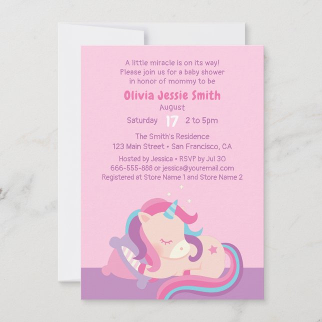 Invitación Dulce Bebé Unicornio Durmiendo Fiesta de Bienvenid (Anverso)