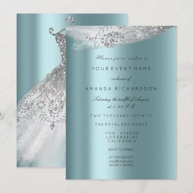 Invitación Dulce blanco 16º vestido de novia Gray Aqua Diaman (Anverso / Reverso)