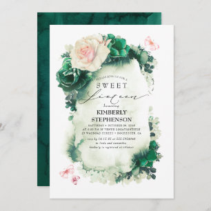 Invitación Dulce bohemio floral rosa y verde oscuro 16