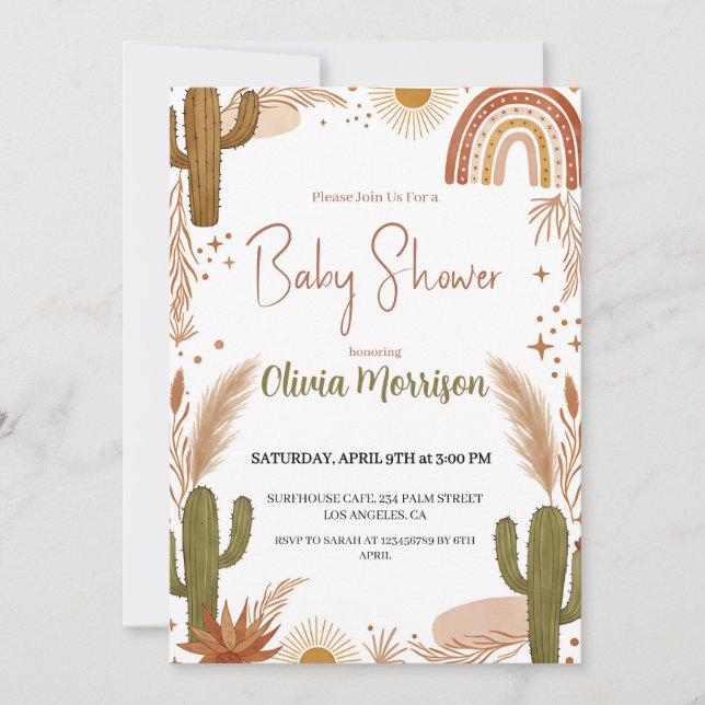 Invitación Dulce Boho Cactus del Desierto, Lluvia de Bebé (Anverso)