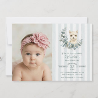 Invitación Dulce Boho Cumpleaños Alpaca Azul Eucalipto