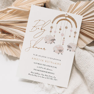 Invitación Dulce Boho Rubor Rosa Oveja Móvil Baby Shower