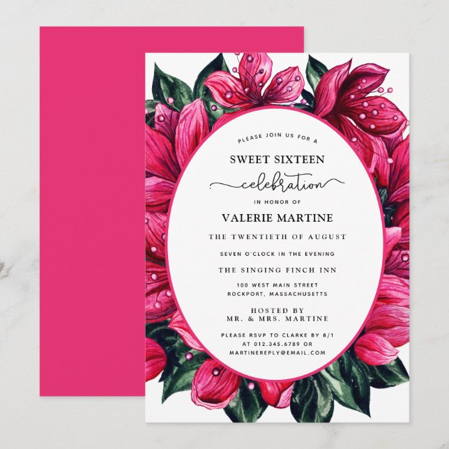 Invitación Dulce Botánico De Floral Rosa Profunda Dieciséis F (Anverso / Reverso)