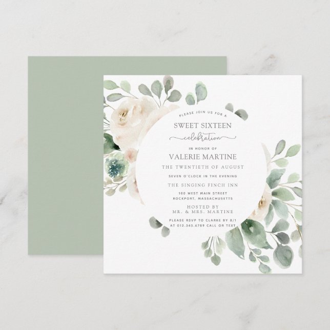 Invitación Dulce Botánico Floral De Rosa Blanca Dieciséis Fie (Anverso / Reverso)