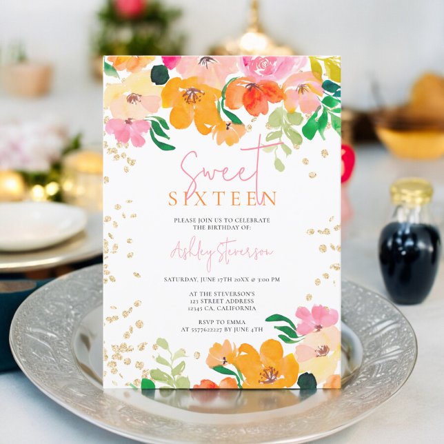 Invitación Dulce botánico purpurina de oro 16 (Gold glitter floral photo botanical Sweet 16 Invitation)