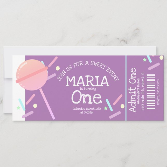 Invitación Dulce Bufet de Caramelos Cumpleaños Entrada Fiesta (Anverso)