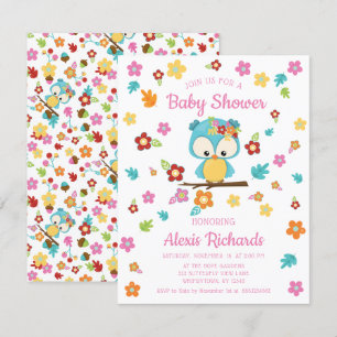 Invitación Dulce búho del bosque y flores para baby shower de