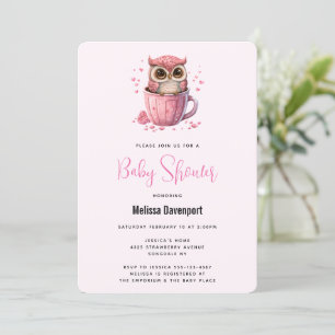Invitación Dulce búho rosa en una taza para baby shower
