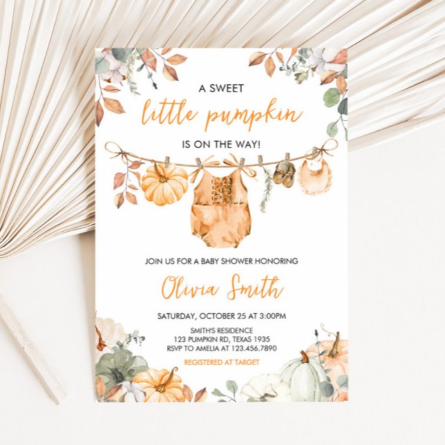 Invitación Dulce Calabacita Otoño Baby Shower  (Little Pumpkin Fall Clothesline Baby Shower Invitation)