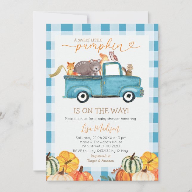 Invitación Dulce calabaza Azul Gingham Caída Baby Shower (Anverso)