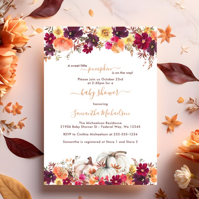 Invitación Dulce calabaza Caída Floral Baby Shower (Sweet Little Pumpkin Fall Floral Baby Shower Invitation)