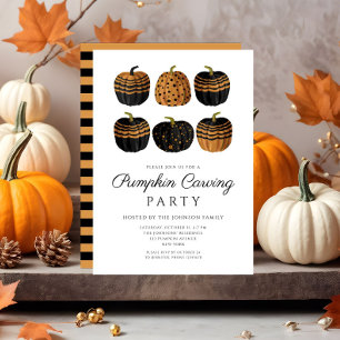 Invitación Dulce Calabaza Negra Naranja Tallada Halloween