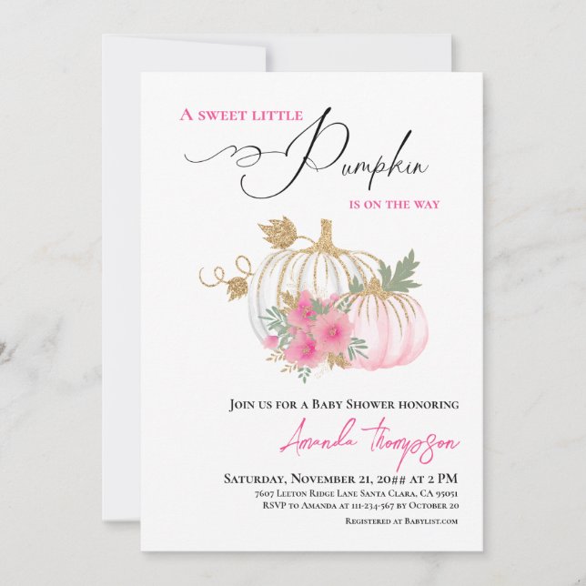 Invitación Dulce calabaza Oro Rosa Baby Shower (Anverso)