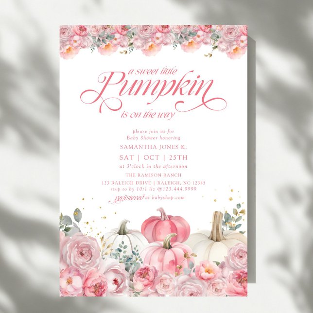 Invitación Dulce Calabaza Pequeña Caída Floral Rosa Baby Show (Subido por el creador)