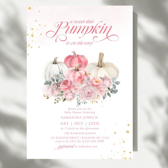 Invitación Dulce Calabaza Pequeña Caída Floral Rosa Baby Show (Subido por el creador)