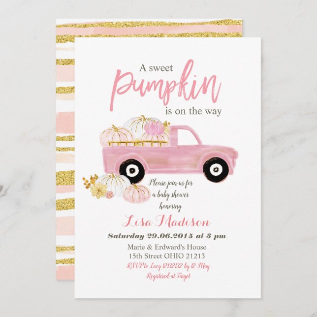 Invitación Dulce calabaza rosa en camino baby shower (Anverso / Reverso)