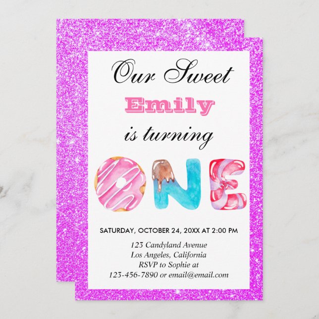 Invitación Dulce Candy Pink Purpurina Púrpura Primer Cumpleañ (Anverso / Reverso)