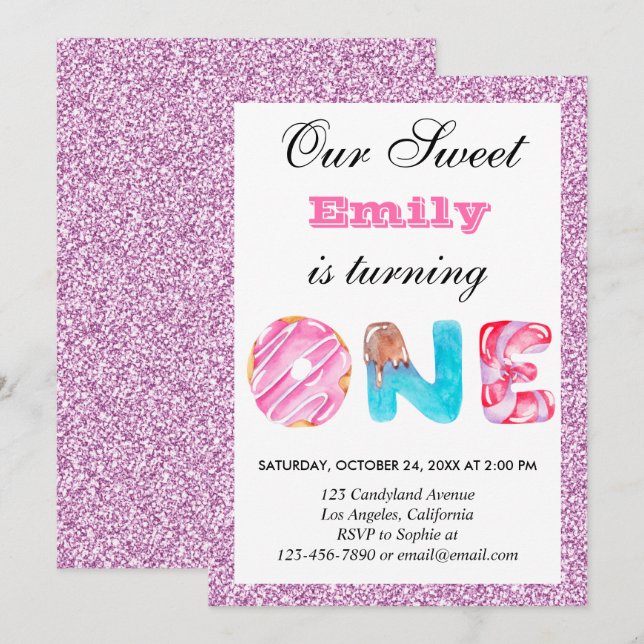 Invitación Dulce Candy Rosa Lilac Purpurina Primer Cumpleaños (Anverso / Reverso)