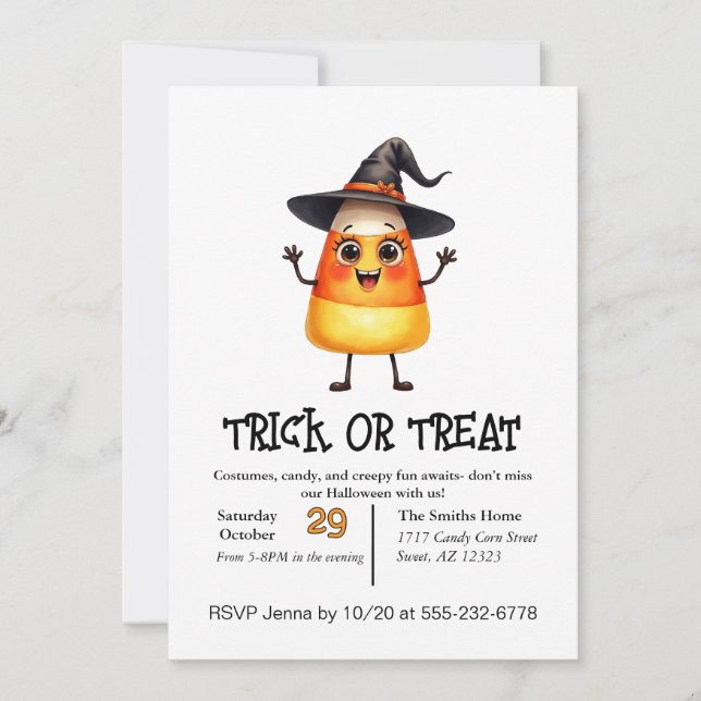 Invitación Dulce Caramelo De Maíz Truco O Trato  (Anverso)
