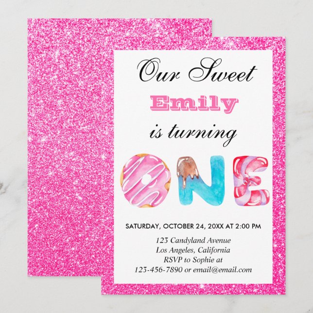 Invitación Dulce Caramelo Rosa Brillante Cumpleaños Uno (Anverso / Reverso)