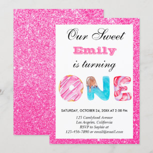 Invitación Dulce Caramelo Rosa Brillante Cumpleaños Uno