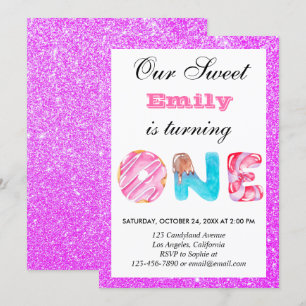 Invitación Dulce Caramelo Rosa Purpurina Glitter Cumpleaños U