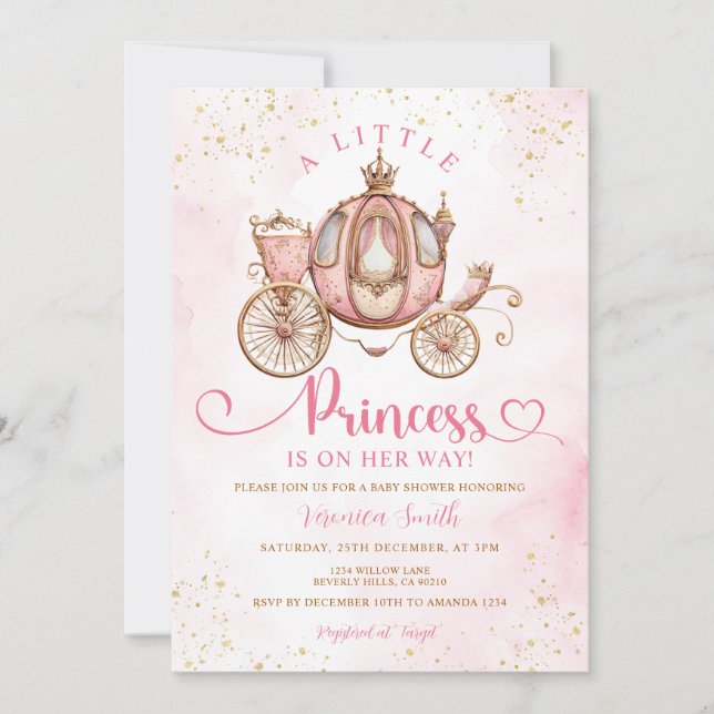 Invitación Dulce Carruaje de Princesa Real Baño de Bebé (Anverso)