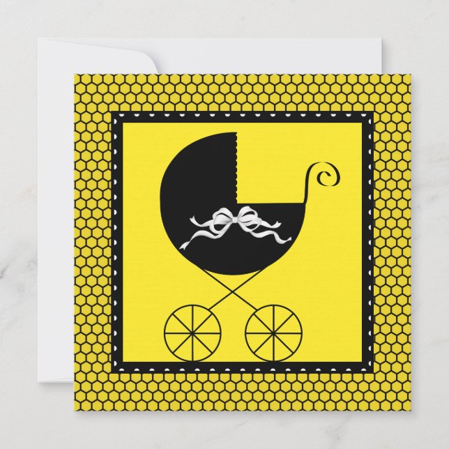 Invitación Dulce Carruaje Fiesta de Bebé Negro y Amarillo (Anverso)