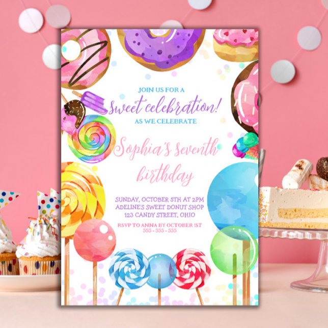 Invitación Dulce celebración Candy Lollypops Chica colorido (Sweet Celebration Candyland theme Girl Birthday party invitation)