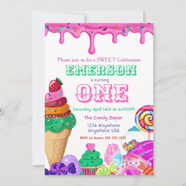 Invitación Dulce Celebración, Candyland, dulces donas (Anverso)